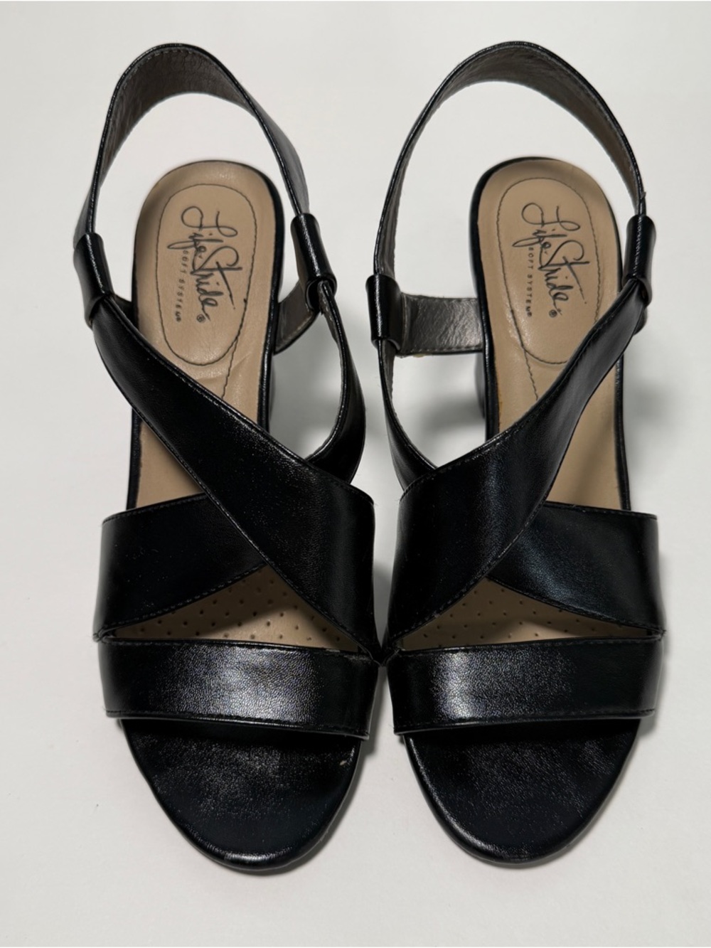 Life Stride Black Leather-Look Block Heel Sandal size 8